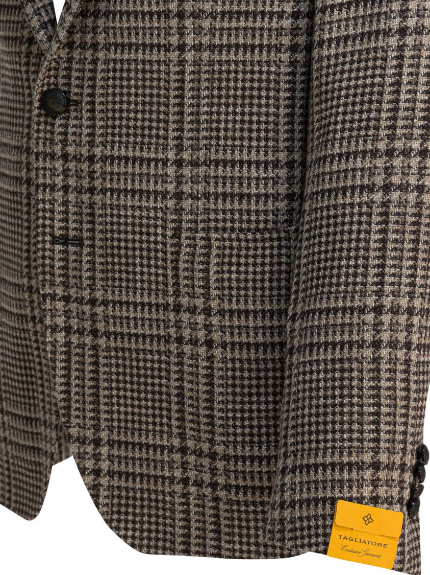 Tagliatore Checkered Brown Tailored Blazer With Notched Lapel
