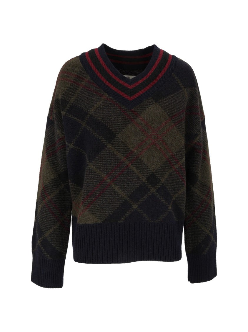 Barbour Tartan Pattern Knitted Jumper With V-Neckline And Ribbed Trim