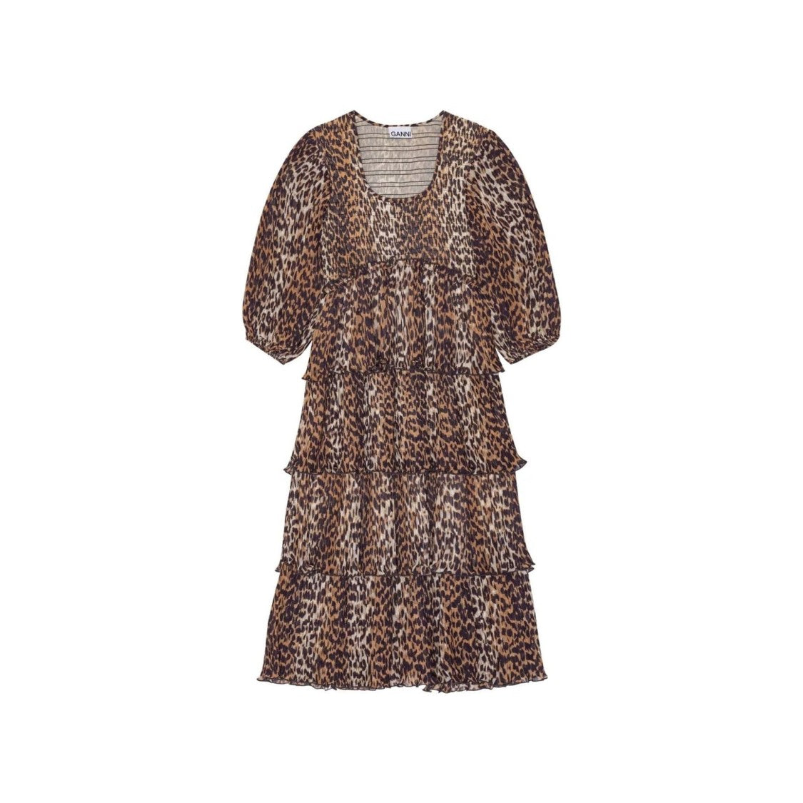 Ganni Pleated Georgette Leopard Midi Dress