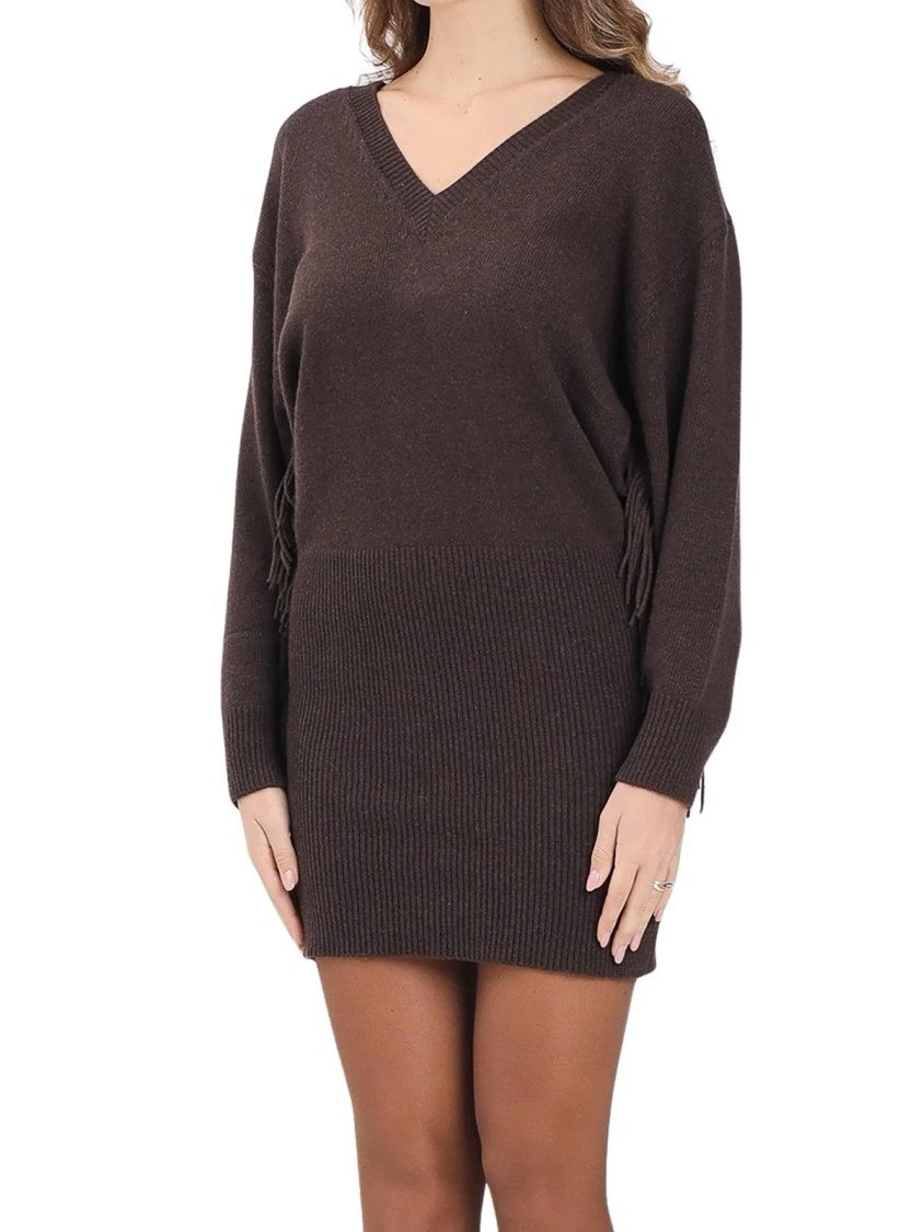 Akep Knit Mini Dress With Deep V-Neck And Fringe Detailing