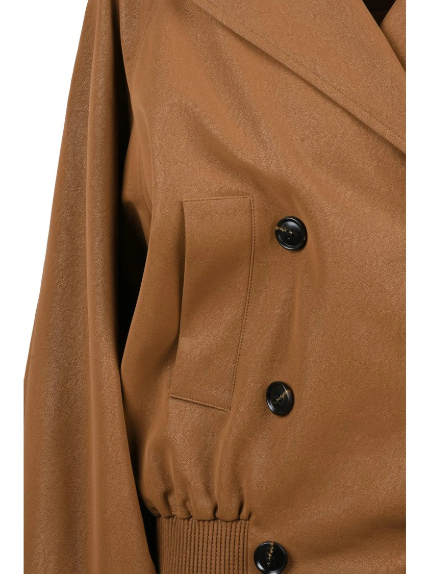 Eleh Brown Polyester Double-Breasted Cropped Coat