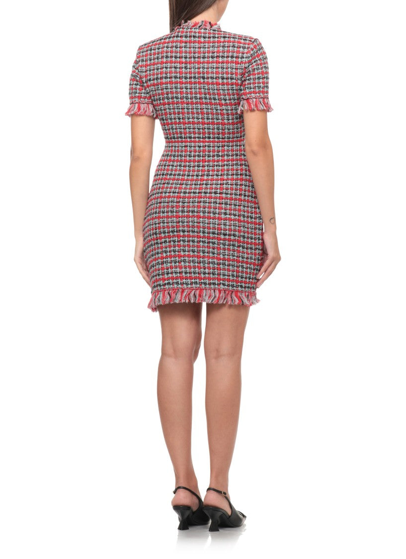 Self-Portrait Checkered Midi Dress With Fringed Neckline And Jewel Buttons