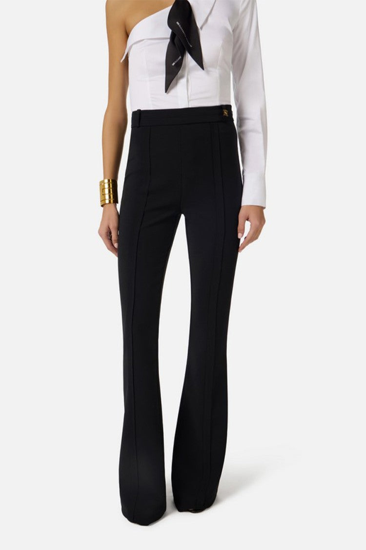 Elisabetta Franchi Black High-Waist Gold Logo Charm Polyester-Blend Flared Pants