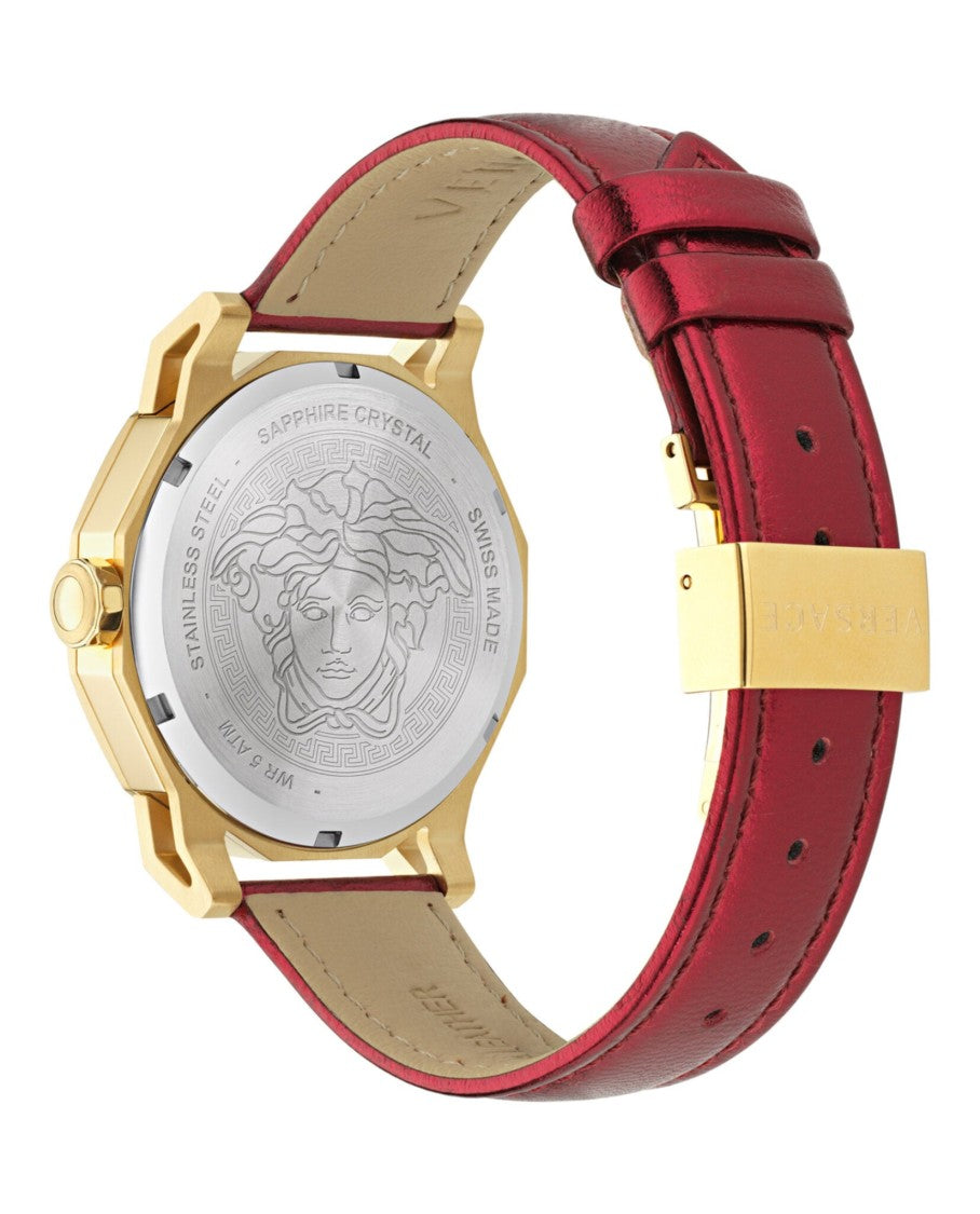 Versace Medusa Motif Yellow Gold Ip Watch With Red Guilloche Dial