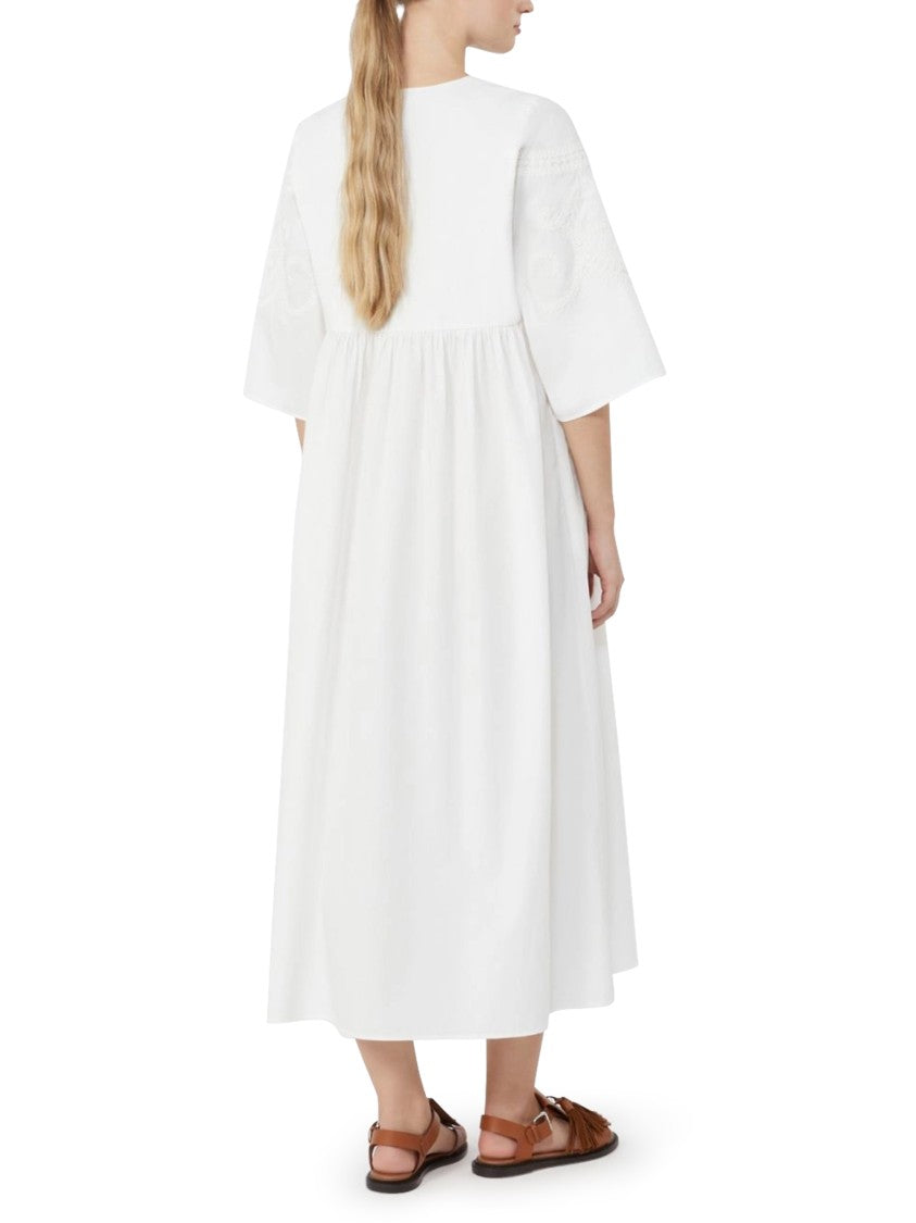 Max Mara Midi Dress With Gathered Waist And Floral Embroidery