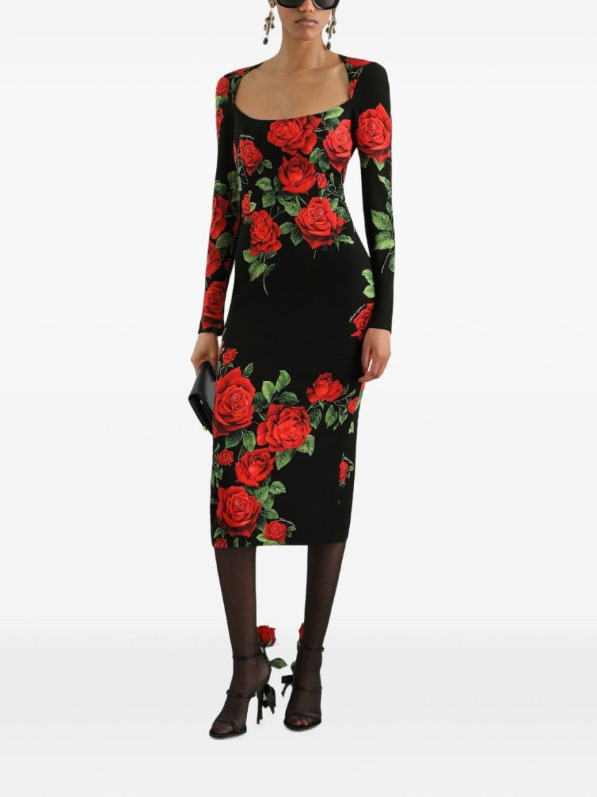 Dolce & Gabbana Fitted Signature Rose Prints Midi Dress