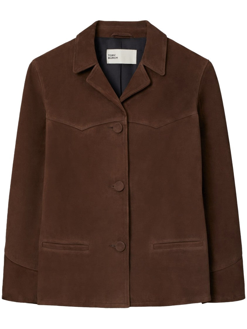 Tory Burch Brown Suede Blazer With Pointed Collar And Minimalist Design