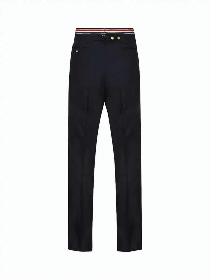 Thom Browne Tailored Blue Wool Straight Pants With Iconic Striped Trim