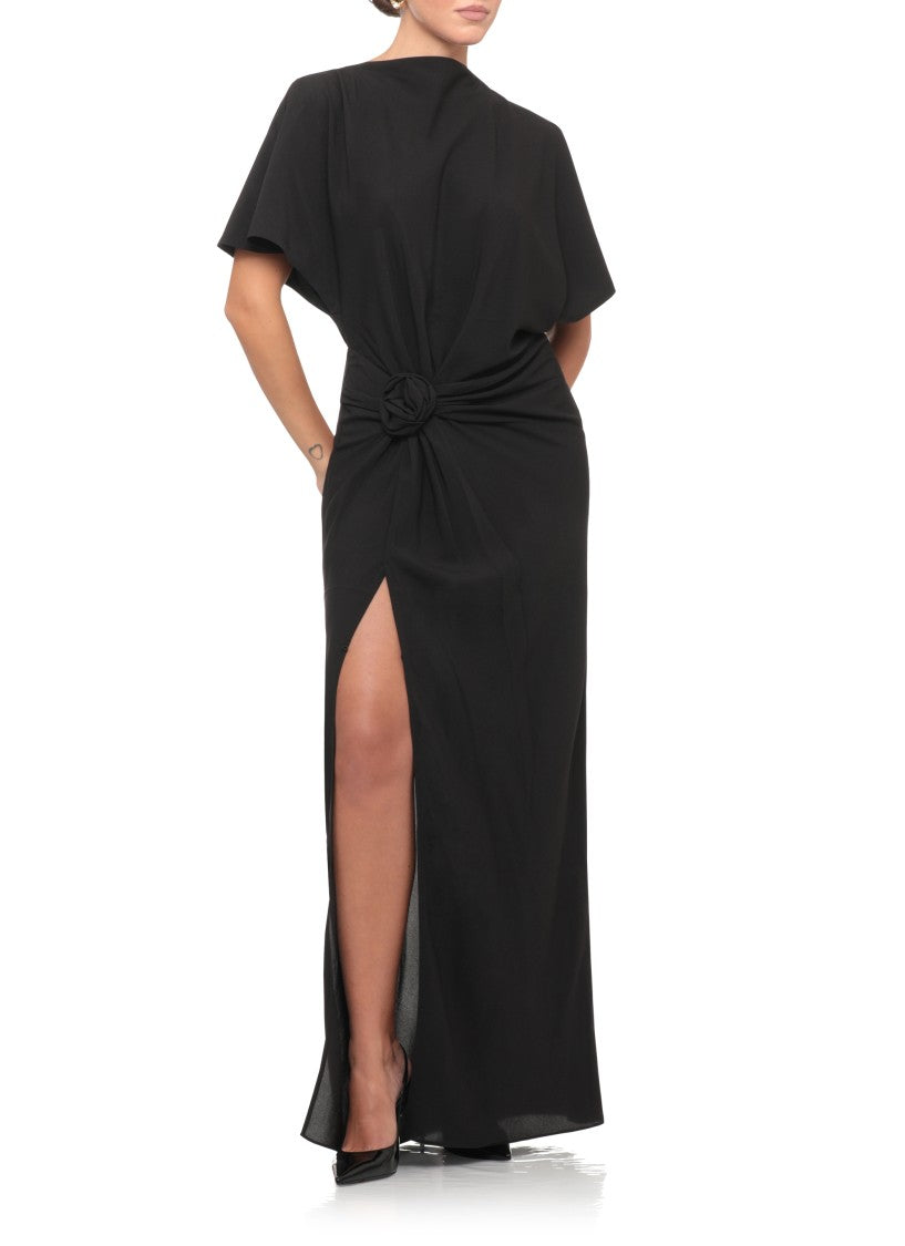 Rotate Black Lace-Back Draped Rose Maxi Dress