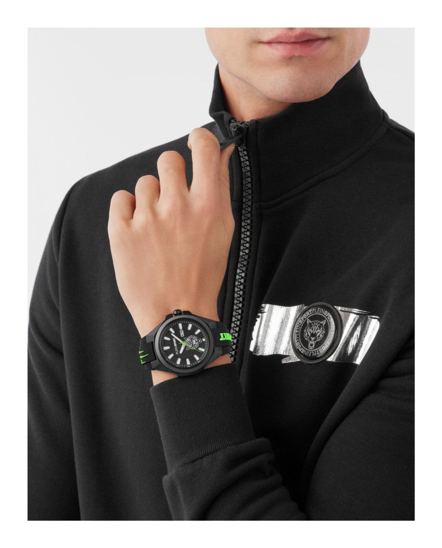 Plein Sport 47Mm Black Enamel Dial Silicone Watch With Date Function