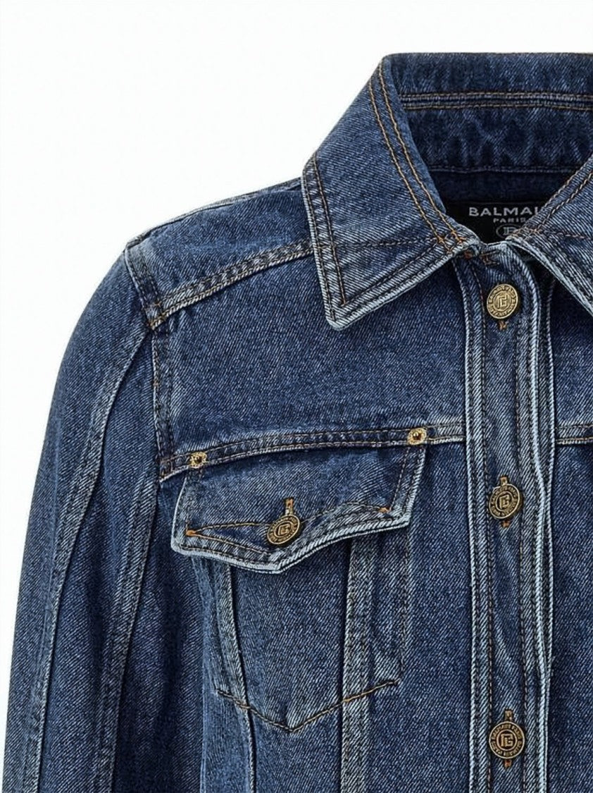 Balmain Cropped Denim Jacket With Classic Collar