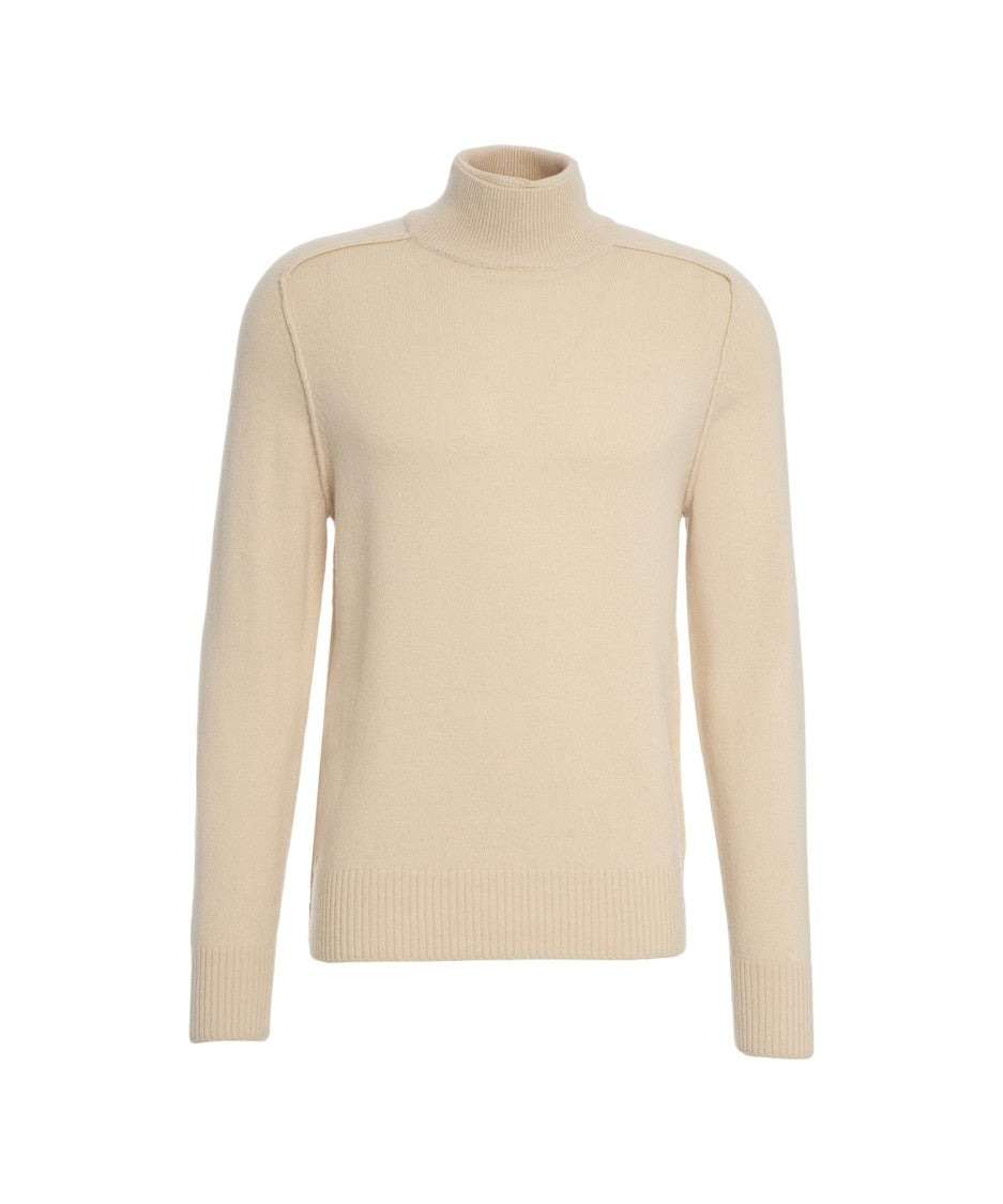 Paolo Pecora Beige Virgin Wool Turtleneck Sweater With Ribbed Detailing
