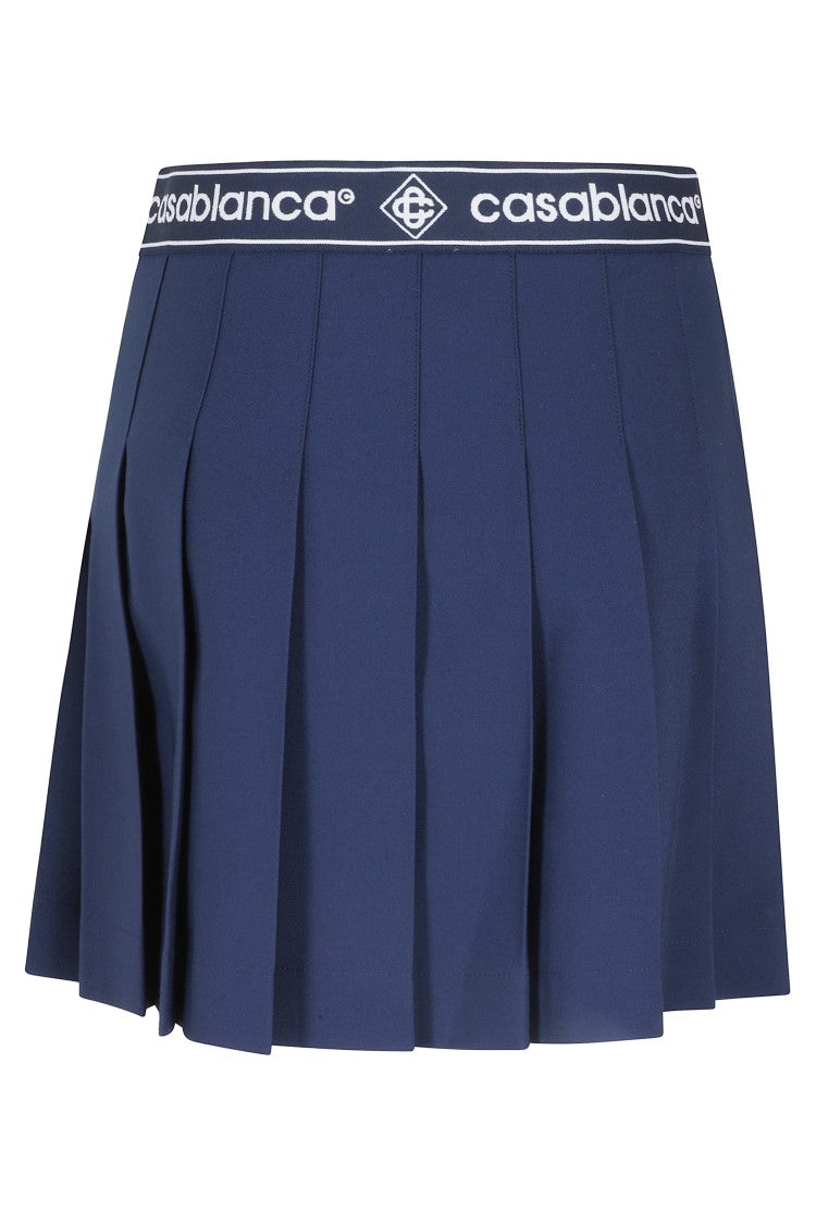 Casablanca Navy Pleated Flared Logo-Band Polyester-Blend Mini Skirt
