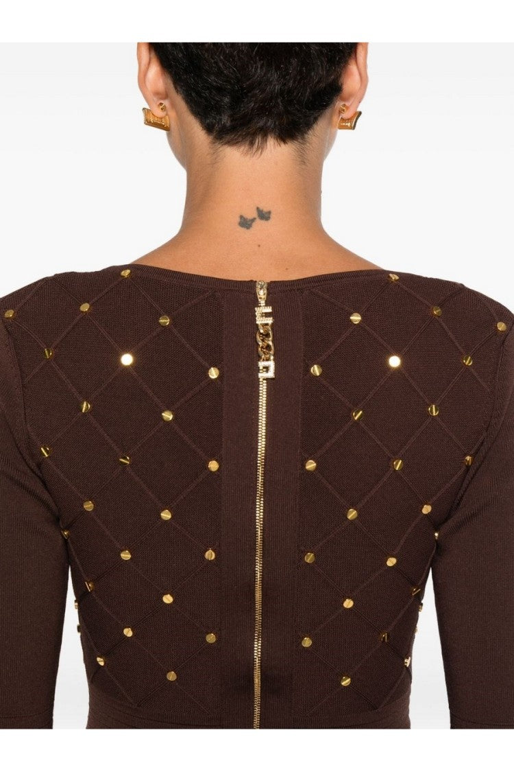 Elisabetta Franchi Brown Gold-Stud Geometric Embellished Viscose-Blend Midi Dress