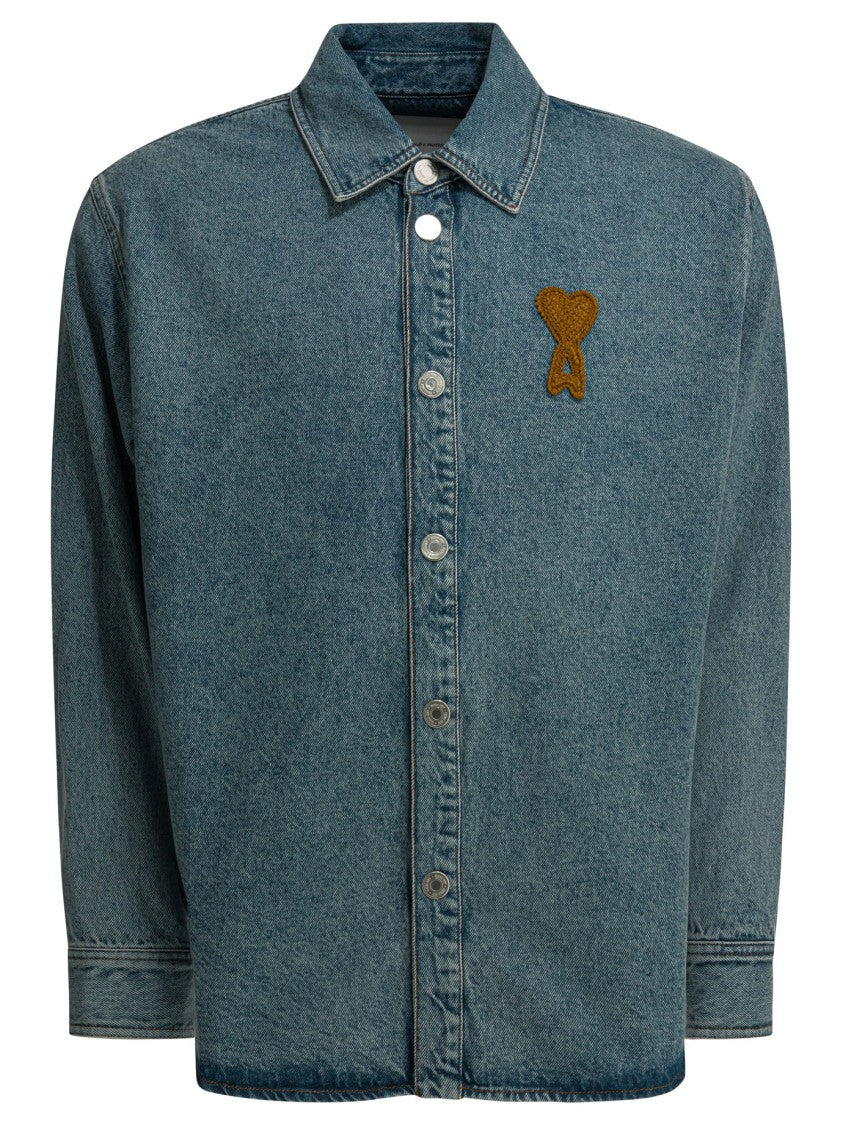 Ami Paris Button-Down Denim Shirt With Textured Finish And Embroidered Patch