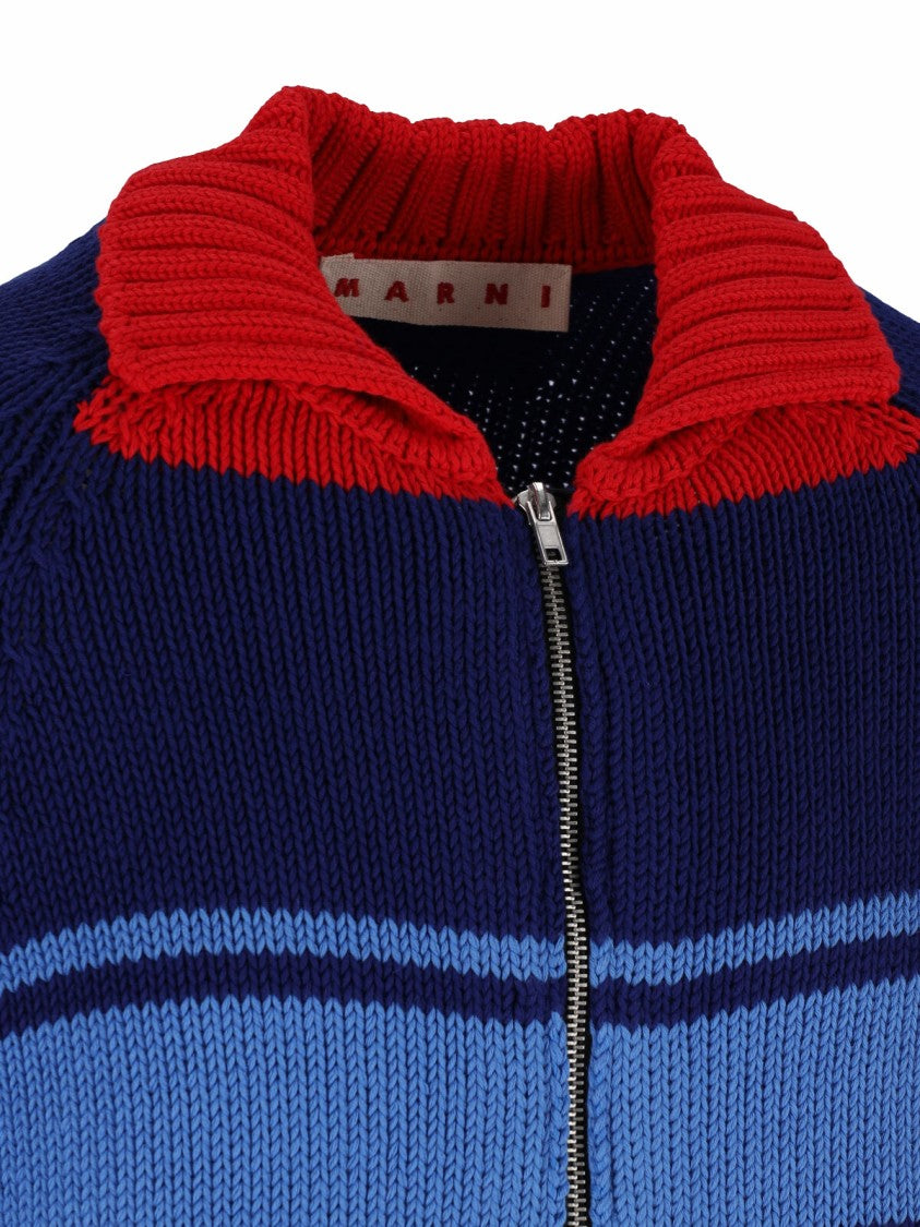 Marni Contrasting Classic Collar Blue Cotton Cardigan By Marni