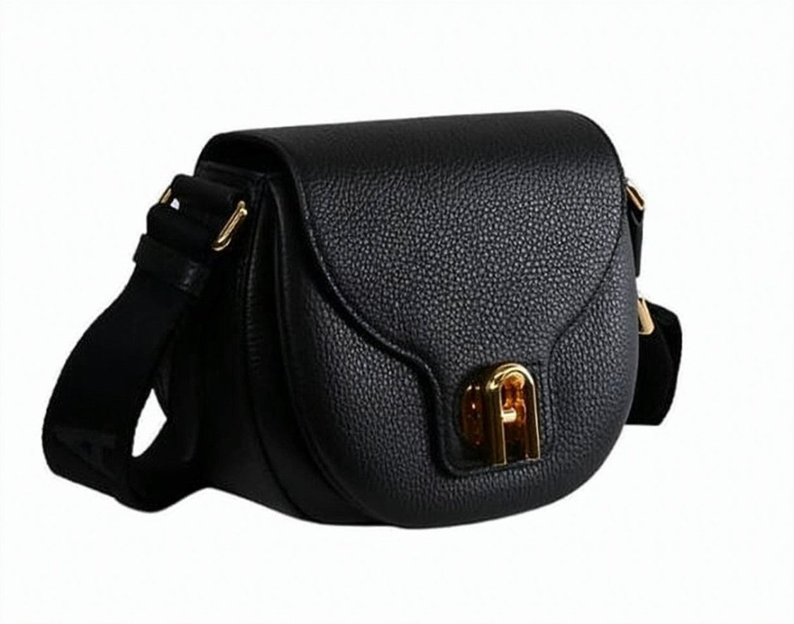 Furla Textured Black Shoulder Bag With Gold-Tone Swivel Closure
