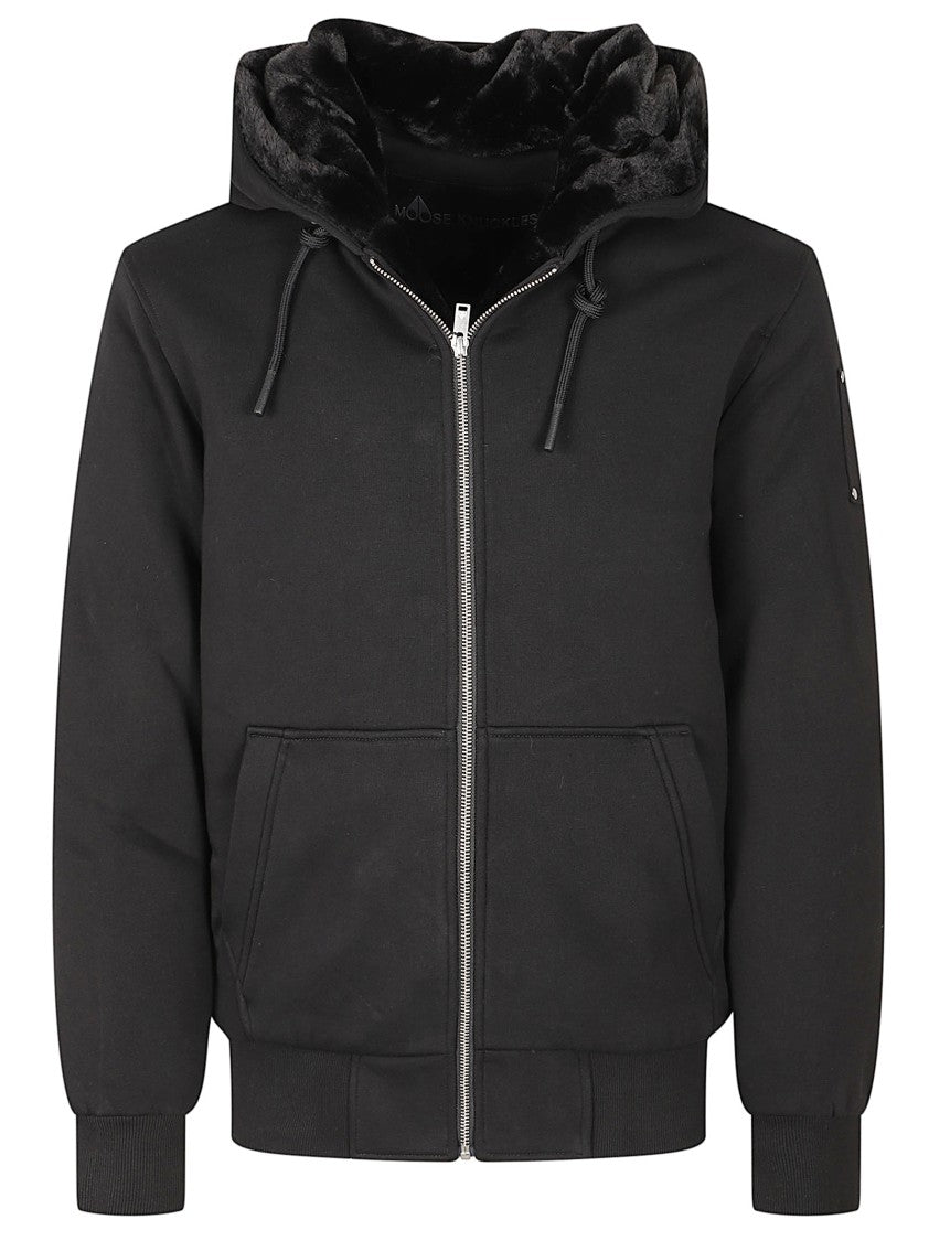 Moose Knuckles Black Zip-Up Hoodie With Plush Hood And Distinctive Patch Detail