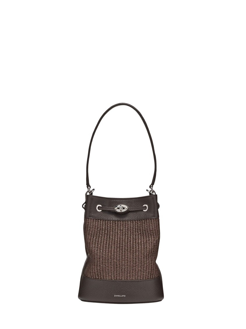 Zanellato Brown Woven Texture Leather Trim Bucket Bag