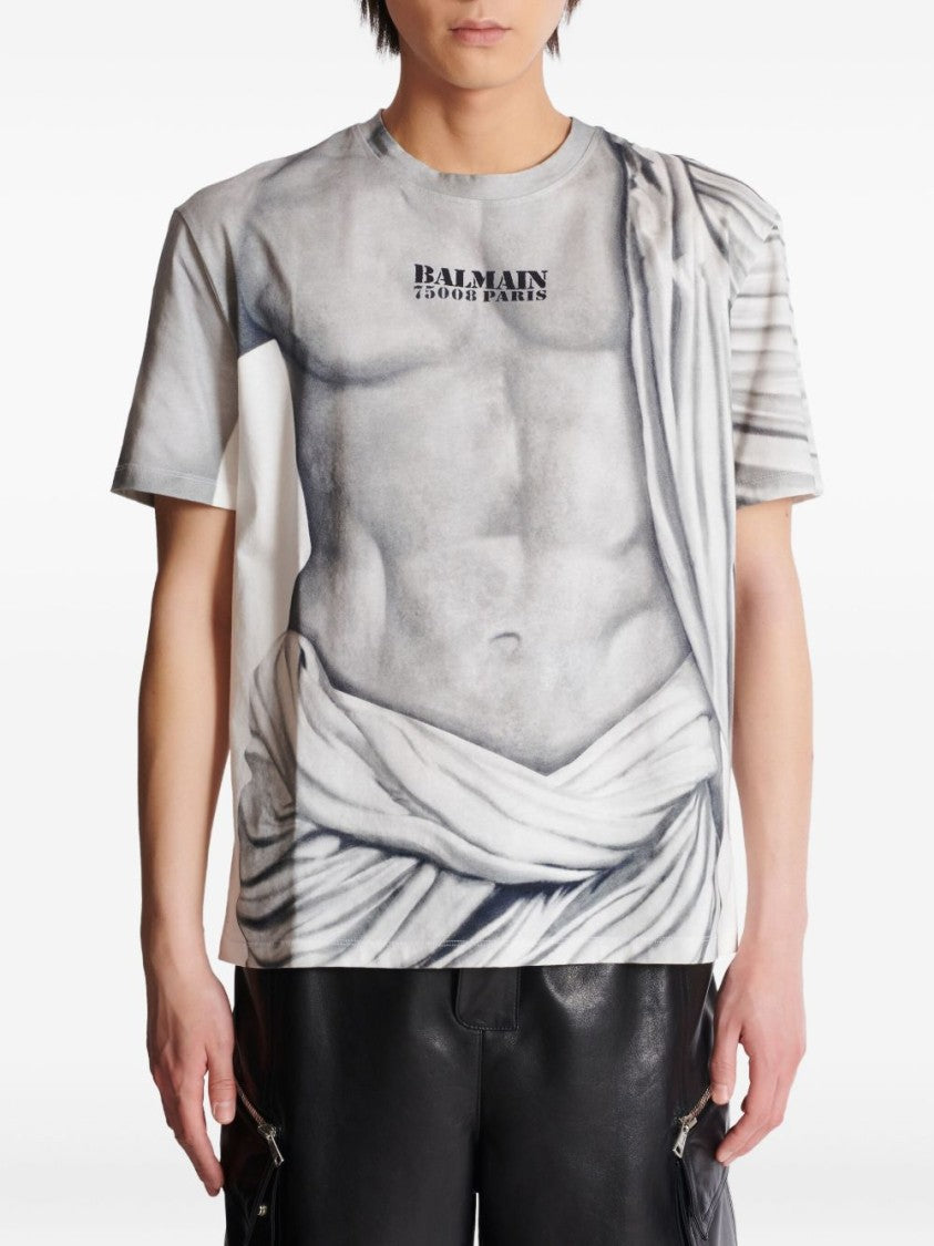 Balmain Light Grey Graphic Art Print T-Shirt