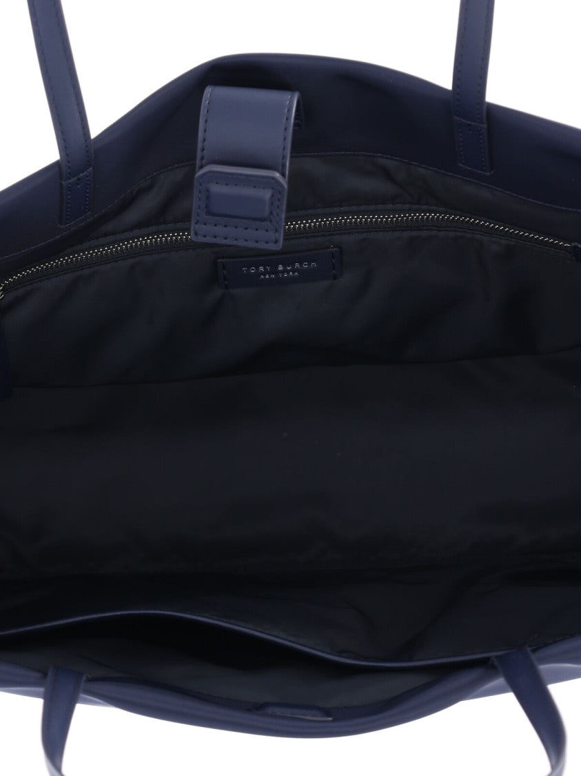 Tory Burch Spacious Navy Tote With Leather Accents