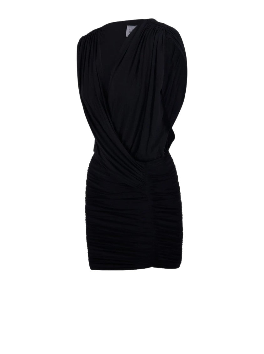 Amazuin Draped Black Mini Dress With Gathered Shoulders And Asymmetrical Hem