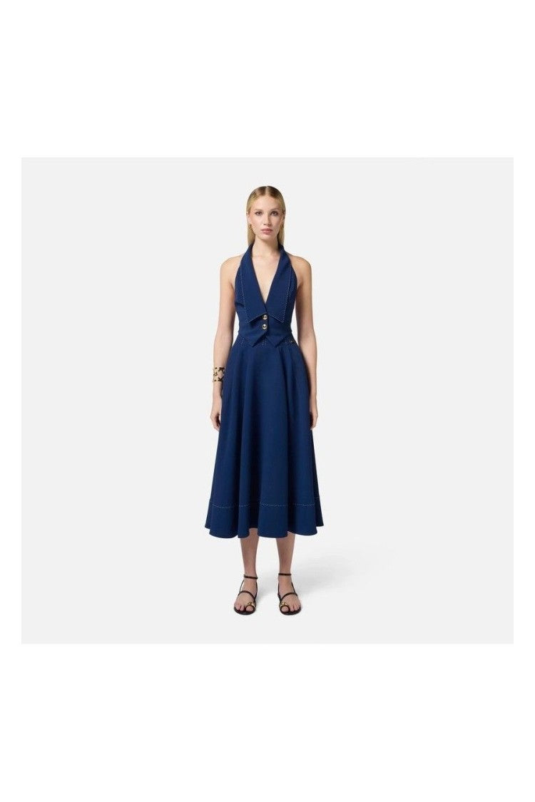 Elisabetta Franchi Blue Topstitched Polyester-Blend Circle Skirt