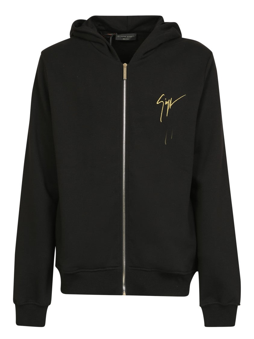 Giuseppe Zanotti Black Minimalist Zip-Up Cotton Hooded Sweatshirt