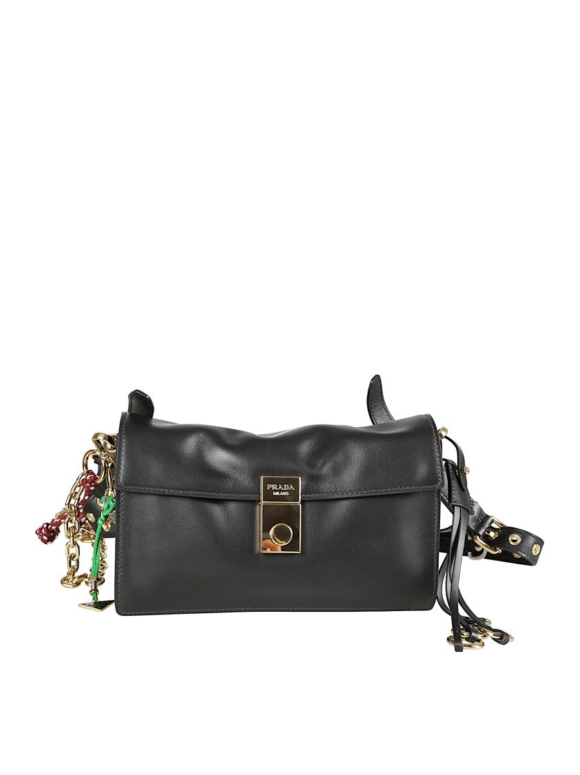 Prada Foldover-Top Leather Bag With Detachable Charms