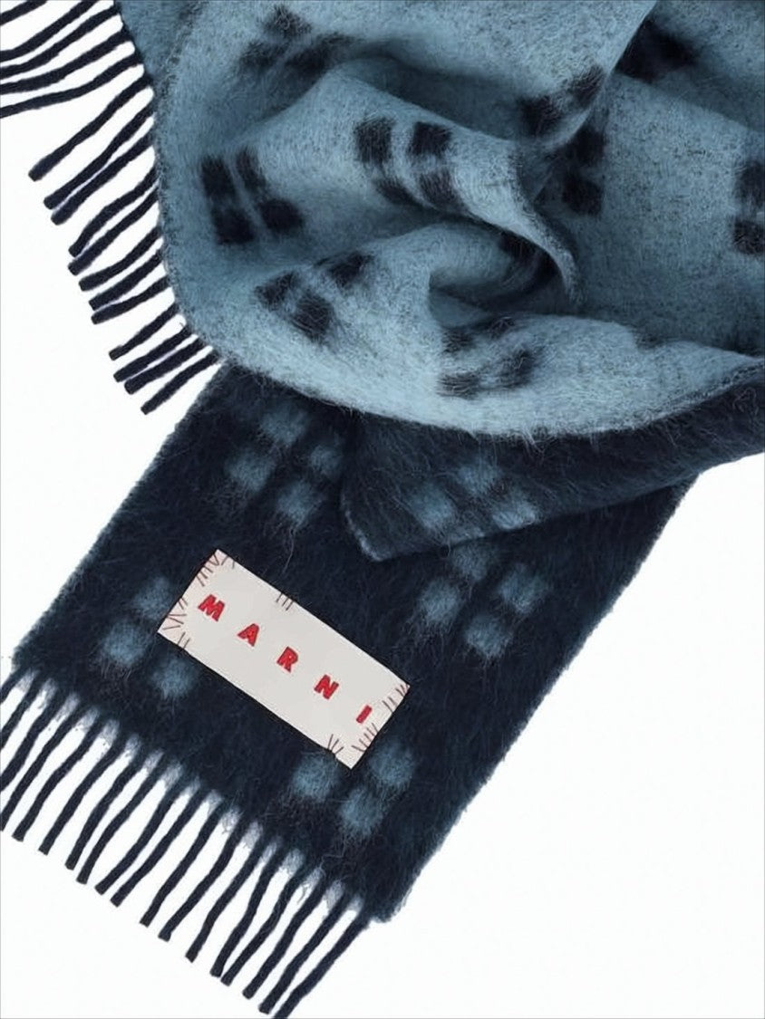 Marni Checkered Blue Wool And Alpaca Scarf With Fringed Ends