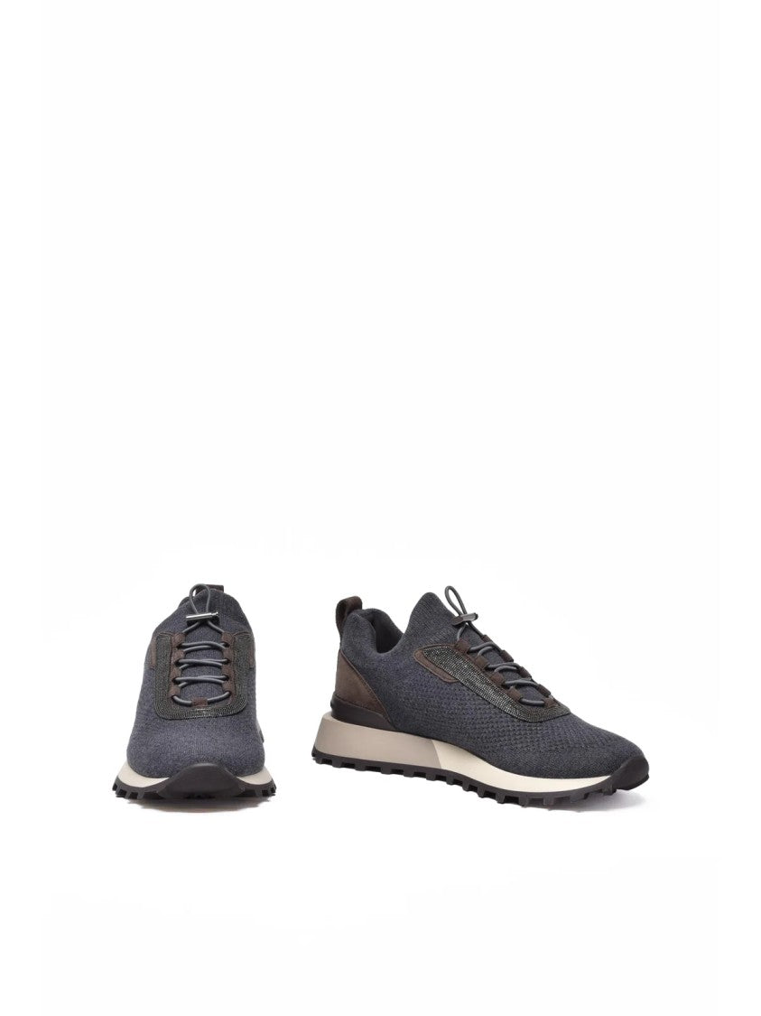 Brunello Cucinelli Grey Wool-Blend Drawstring Sneakers