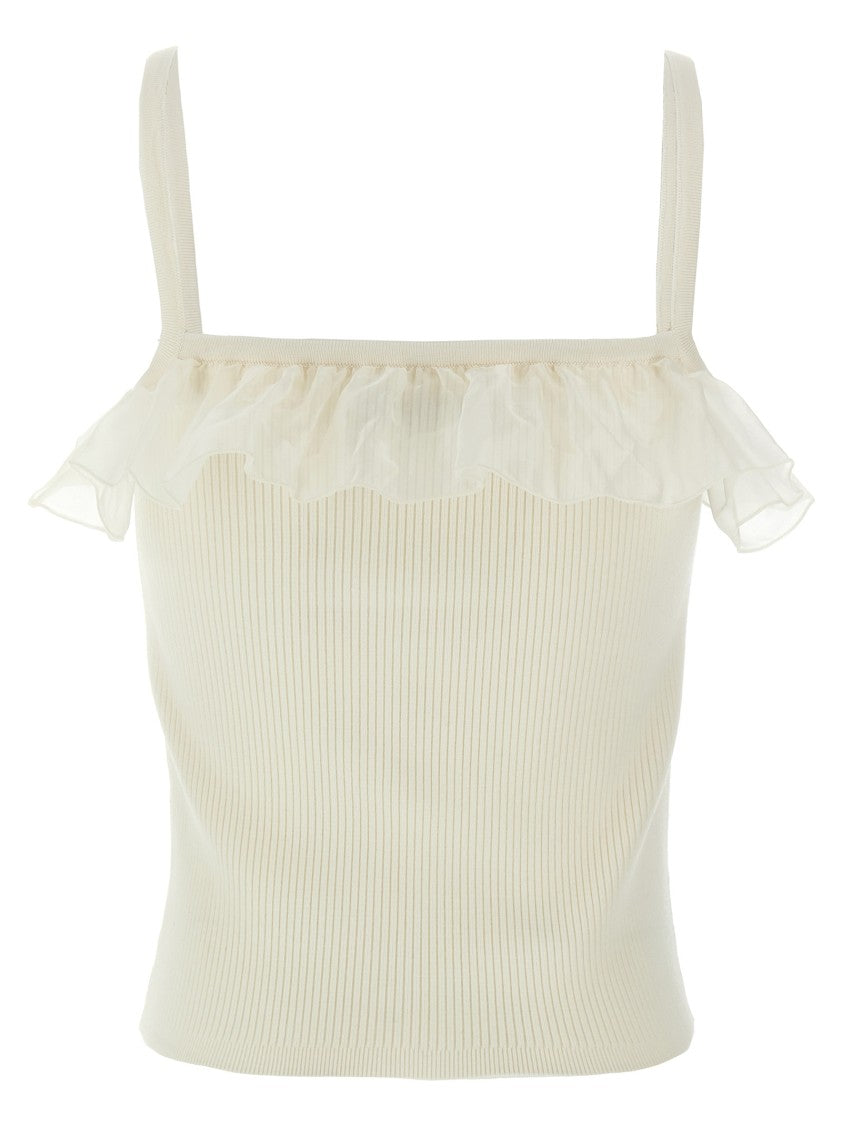 Alessandra Rich Ribbed Crop Top With Square Neckline And Ruffle Details