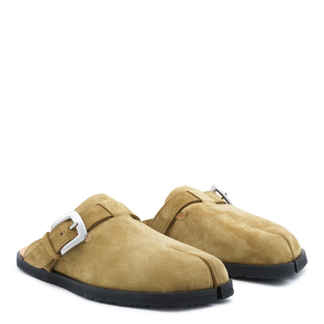Maison Margiela Tabi Toe Tobacco Leather Sandals With Silver Tone Buckle Detail