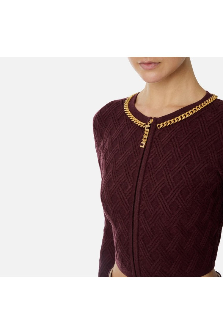 Elisabetta Franchi Burgundy Diamond-Quilted Chain-Trim Viscose-Blend Cardigan