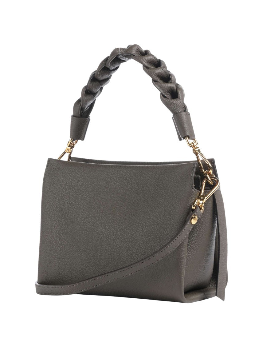 Coccinelle Structured Grey Grained Leather Shoulder Bag With Braided Handle