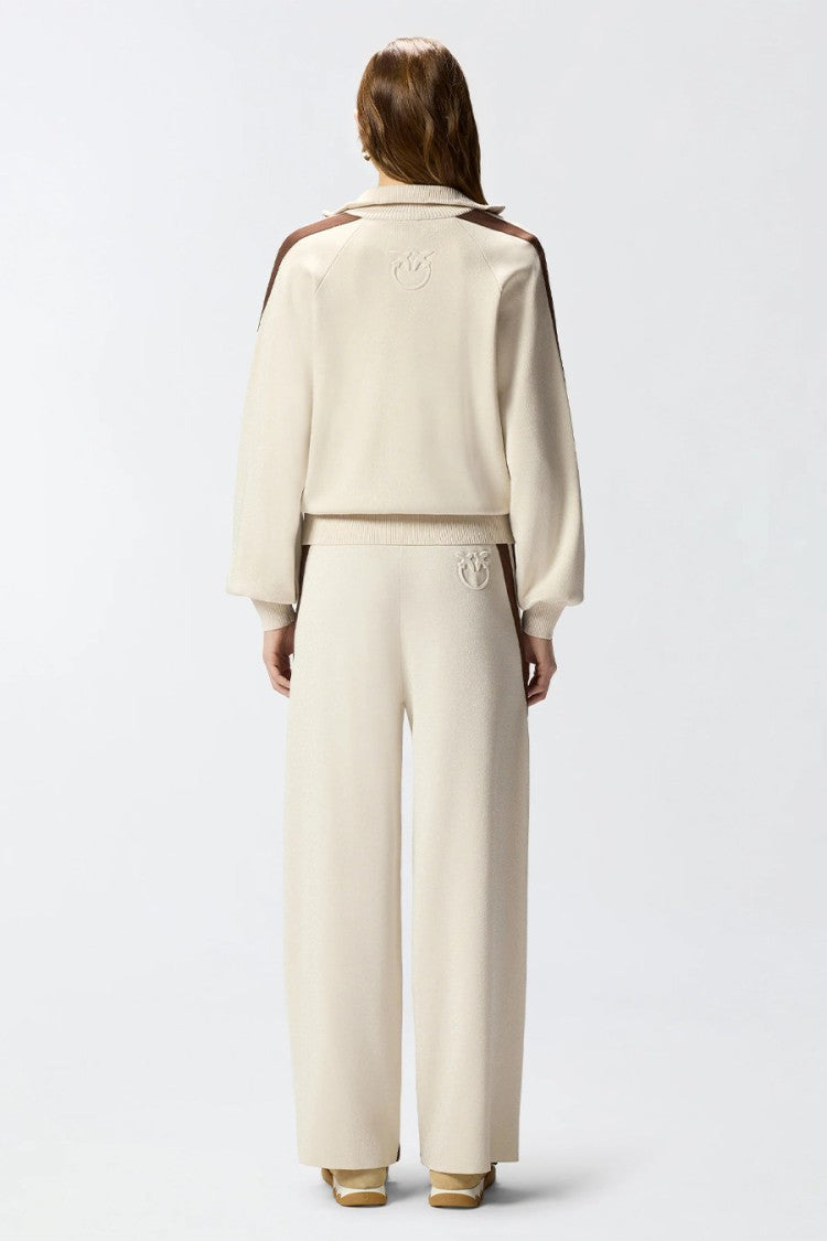 Pinko Beige Contrast Striped Sleeve Zip Viscose-Blend Zip-Through Knit