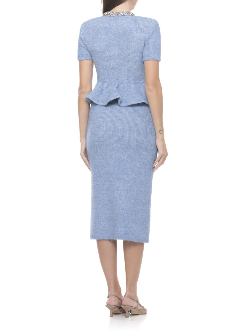 Self-Portrait Peplum Midi Dress With Rhinestone Embellishments And Button Details
