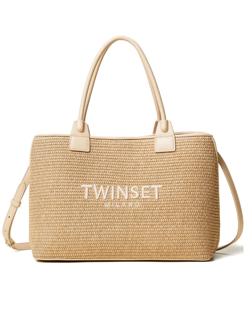 Twin-Set Beige Rectangular Woven Tote