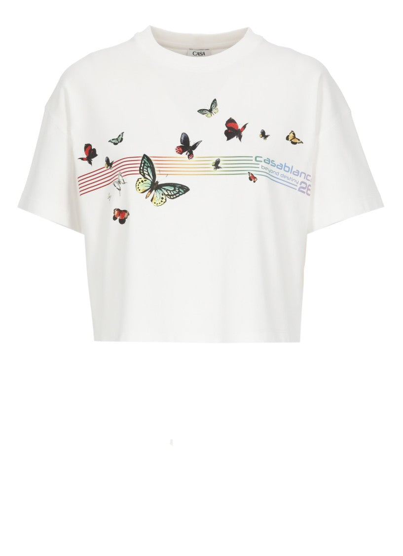 Casablanca White Butterfly Boxy Cropped T-Shirt