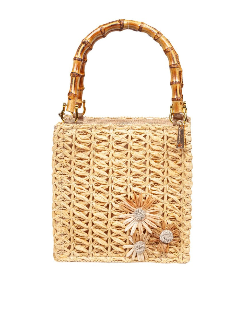 La Milanesa Camille Small Tote Bag In Straw With Flowers