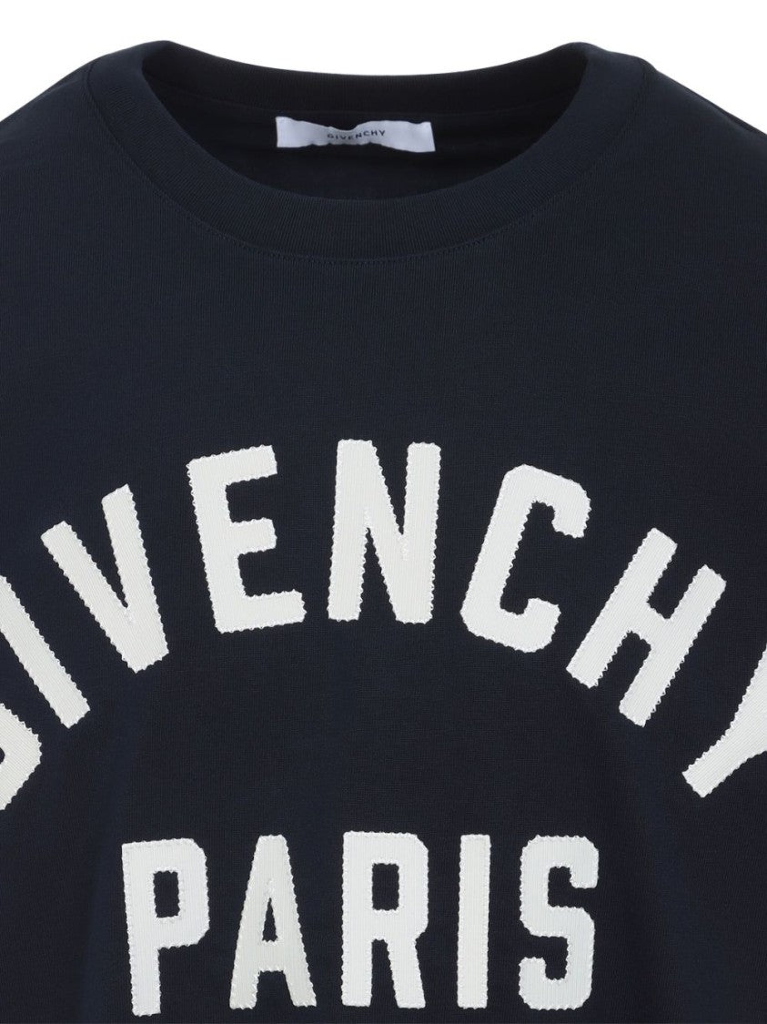 Givenchy Navy Blue Lettering Print Crew Neck T-Shirt