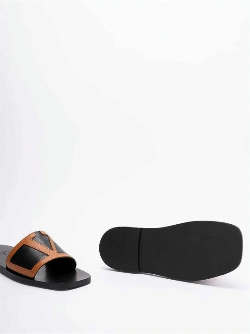 Valentino Leather Slide Sandals With Distinctive 'V' Design