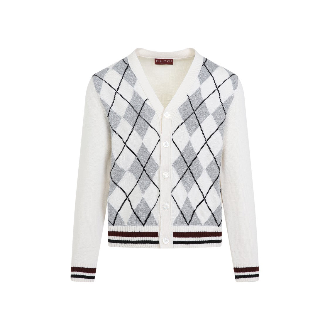 Gucci Argyle Lurex White And Silver Wool Cardigan