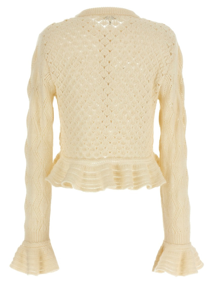 Chloé Pointelle Knit Cardigan With Ruffled Hem
