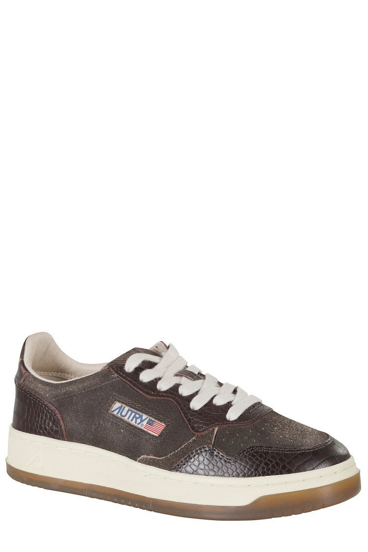 Autry Brown Medalist Low Crocodile Pattern Suede Sneakers