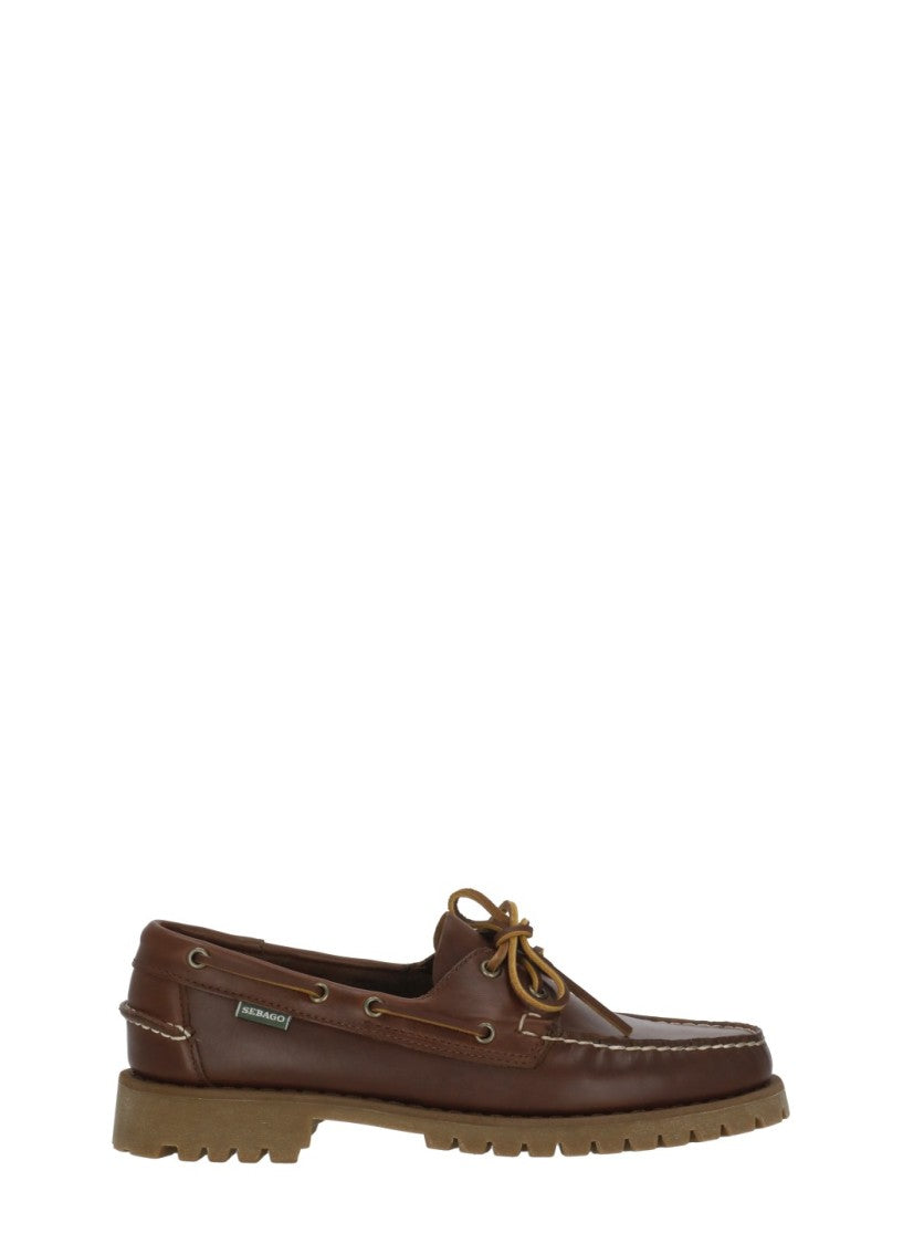 Sebago Brown Leather Textured Tread Boat Loafers