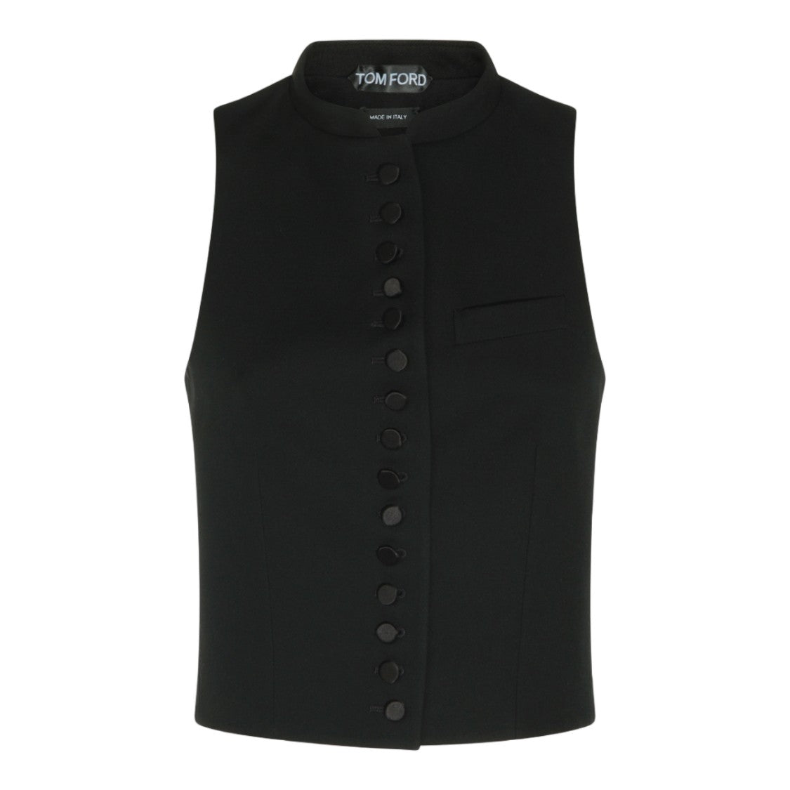Tom Ford Sleeveless Black Top With High Neckline And Covered Buttons