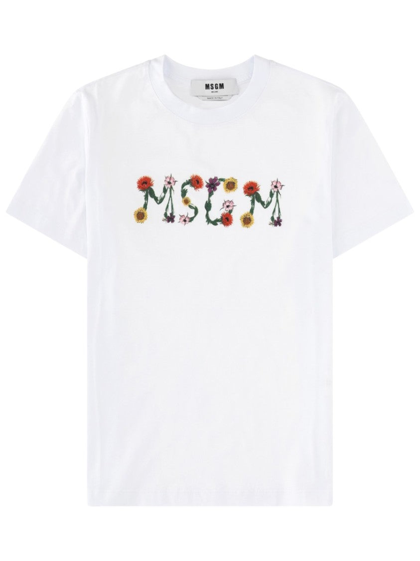 Msgm Neutrals Floral Logo Playful Embroidered Cotton T-Shirt