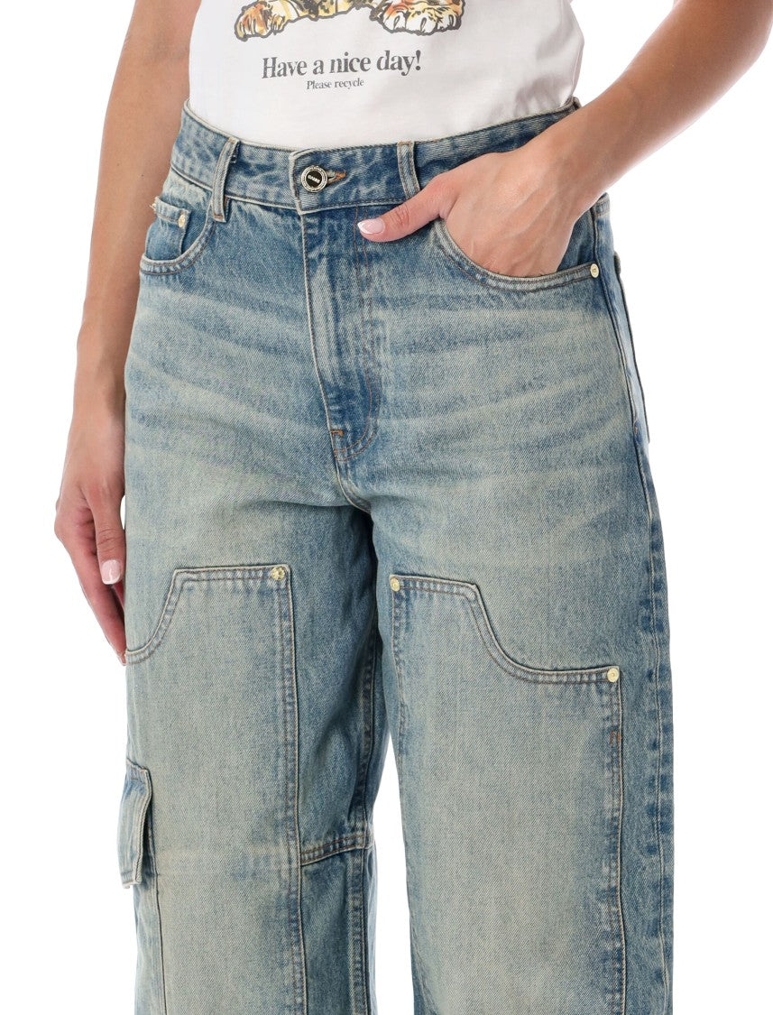 Ganni Relaxed-Fit Light Blue Denim Pants With Cargo Pocket