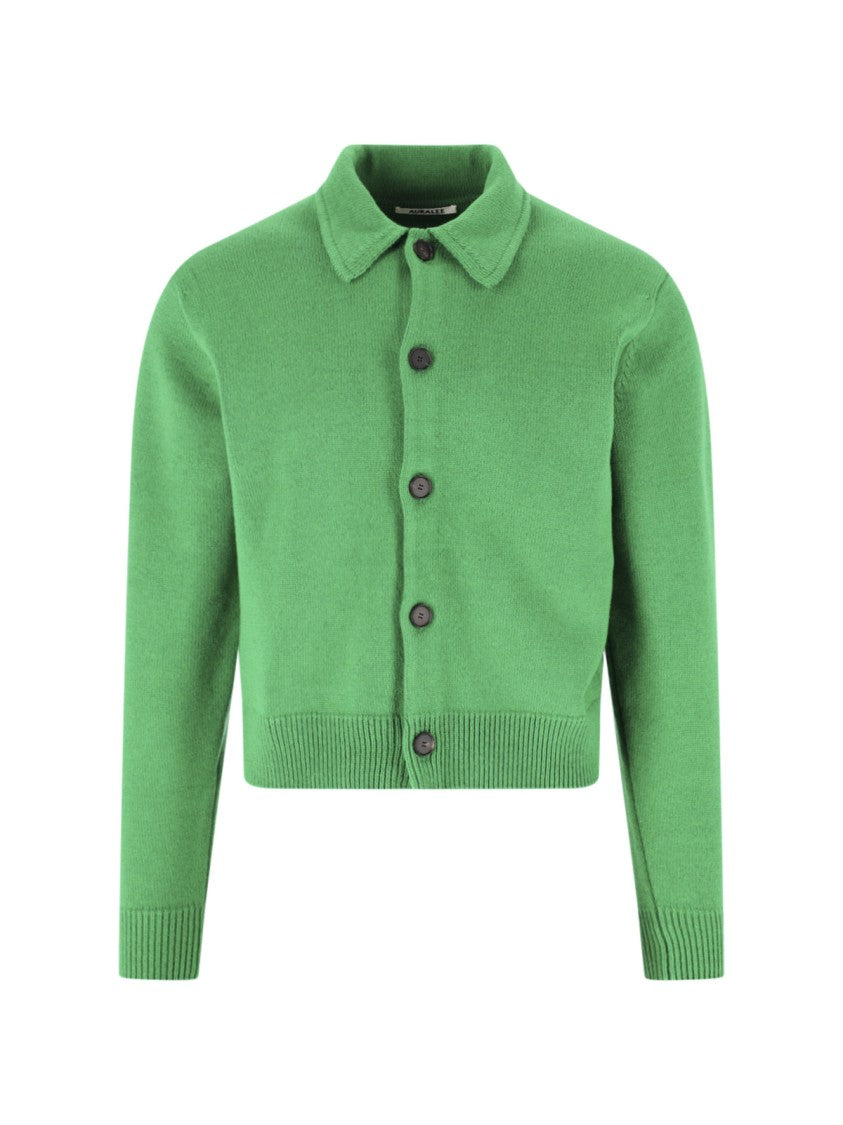 Auralee Green Classic-Collar Wool Cardigan